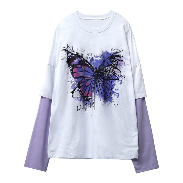 CH Butterfly Fake Two-Piece Long Sleeve Shirt